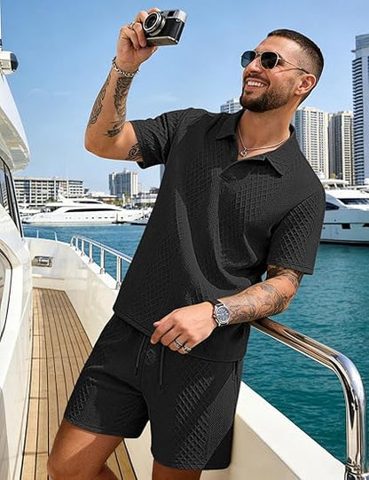 🔥Men's 2 Pieces Casual Polo Shirt and Shorts Set