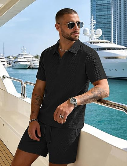 🔥Men's 2 Pieces Casual Polo Shirt and Shorts Set