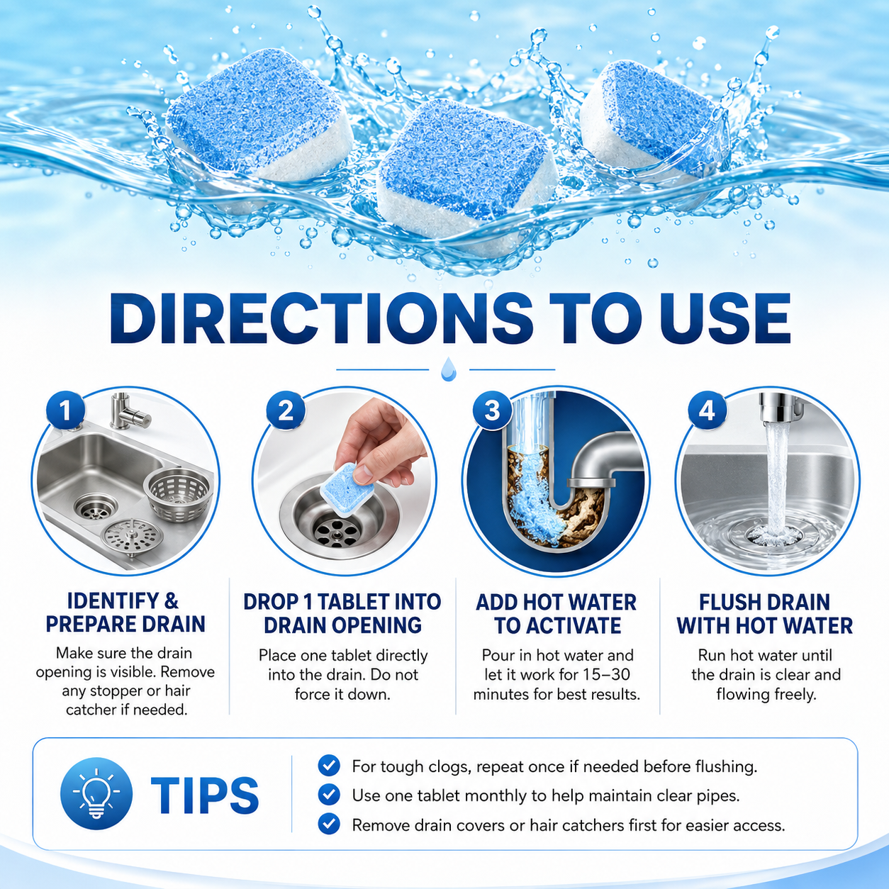 💥🫧Drain Cleaning Tablets 12 Pack For Sinks, Showers & Washing Machines
