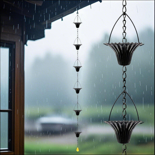 8.5 ft Rain Chain for Gutters, Decorative Metal Rain Catcher with 8 Vintage Cups, Gutter Chain Downspout for Patio, Garden, Porch & Eaves